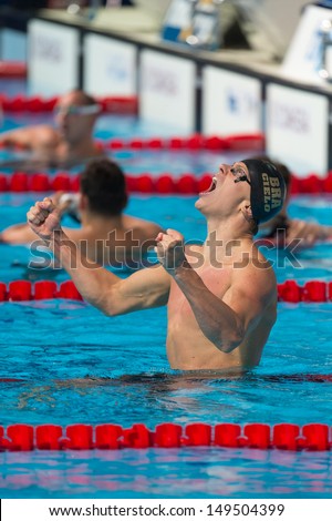 BARCELONA AUGUST 3 Cesar Filho Cielo Brazil after wuon 50 freestyle in Barcelona FINA World Swimming Championships on August 3 2013 in Barcelona Spain BARCELONA AUGUST 3 Cesar Filho Cielo Brazil after wuon 50 freestyle in Barcelona FINA World Swimming Championships on August 3 2013 in Barcelona Spain