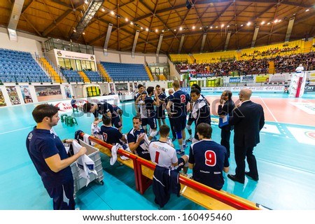 MILAN, ITALY - OCTOBER, 28: Vero Volley Team during Time Out in Vero Volley  Monza - Materdomini: 3-0 ( Italian Volley League A2) on October 28 , 2013 in Milan , Italy