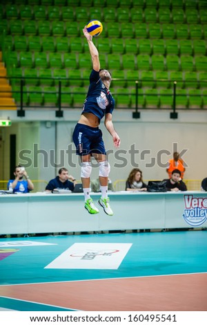 MILAN, ITALY - OCTOBER, 28: Iacopo Botto (11, jumping )  in Vero Volley  Monza - Materdomini: 3-0 ( Italian Volley League A2) on October 28 , 2013 in Milan , Italy