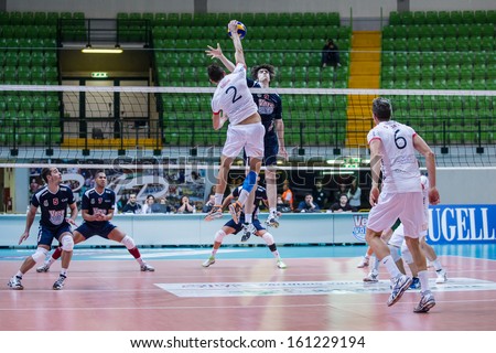 MILAN, ITALY - NOVEMBER, 3:      Michele Simoni  ( 2)  in Vero Volley  Monza -?? Sieco Service Ortona  ( Italian Volley League A2) on November 3 , 2013 in Milan , Italy