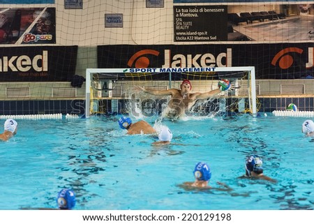 MANTOVA, SEPTEMBER, 26:  Volarevic ( goalkeeper  Bpm Sport Management )  save a penalty in game BPM Sport Management - Como Nuoto  - Water Polo Italian Cup,   on September 26, 2014 , Mantova ( Italy).