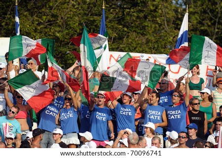 BUDAPEST ,  AUGUST 14: Supporters of italian swimmer Caterina Giacchetti at European Swimming Championships LEN 2010 on August 14, 2010, in Budapest