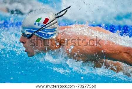 BUDAPEST, AUGUST 15: a unidentified member of italian team swimming butterfly at European Swimming Championships LEN 2010 on August 15, 2010, in Budapest