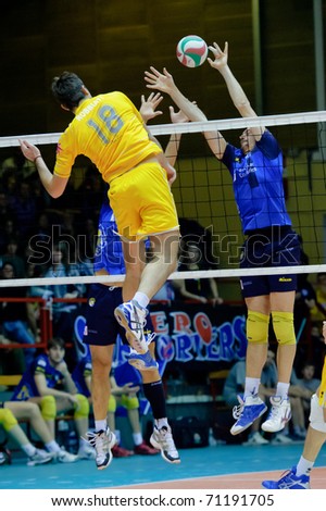 MILAN FEBRUARY 13 G Robbiati number 18 ChebancaMilano against the Segrate double block in A2 Italian League on February 13 2011 in Milan MILAN FEBRUARY 13 G Robbiati number 18 ChebancaMilano against the Segrate double block in A2 Italian League on February 13 2011 in Milan