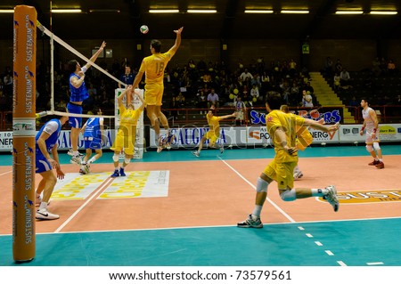 MILAN - MARCH 20: G. Mattera (10 Chebanca - Milan) up the ball  in game Volley Milano vs Volley Gela A2 Italian League on March 20, 2011 in Milan