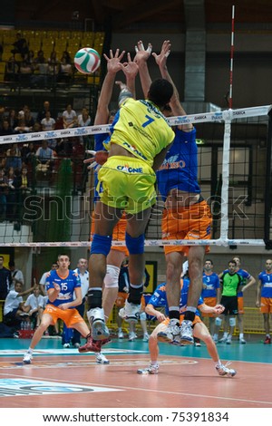 MONZA, ITALY - APRIL 13:  A. Dennis ( Volley Modena) in Volley Gabeca  Monza ( Blue) vs Volley Modena ( Yellow) -Italian  League on  2011 April, 13 in Monza  (Italy)