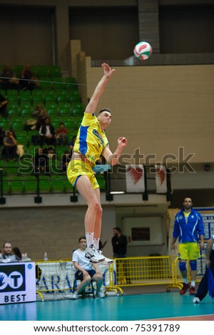 MONZA, ITALY - APRIL 13:  D. Kooy ( Volley Modena)  in Volley Gabeca  Monza ( Blue) vs Volley Modena ( Yellow) -Italian Volley League on  2011 April, 13 in Monza  (Italy)