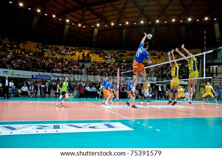 MONZA, ITALY - APRIL 13:  M. Gavotto ( Gabeca Monza) (Gabeca Monza)   in Volley Gabeca  Monza ( Blue) vs Volley Modena ( Yellow) -Italian Volley League on  2011 April, 13 in Monza  (Italy)