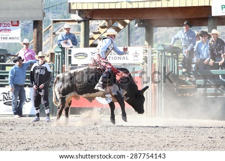 MERRITT, B.C. CANADA - May 30, 2015: Bull rider riding in the first of The 3nd Annual Ty Pozzobon Invitational PBR Event.
