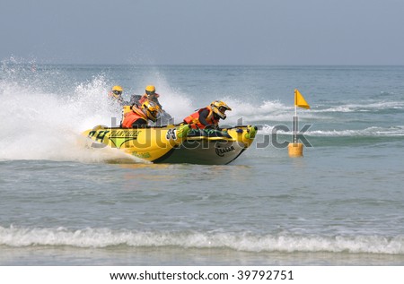 STRAND, RSA - OCTOBER 24:  Western Cape regional heat for the inflatable boat race series on October 24, 2009 at Strand in the Western Cape Province, South Africa.