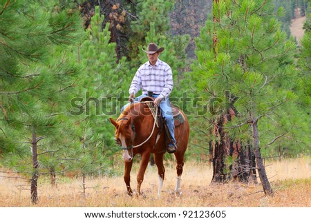 Young cowboy riding his horse in the field