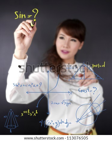 write math chart, Asian female writing mathematics calculation on wall