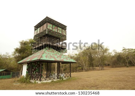 observation tower, camouflage printed animal observation tower in the wood