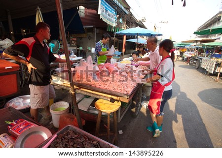 Thailand March 22, 2013 Thai fresh market, Meat shop at fresh raw material street market in Nakornratchasima province, Thailand