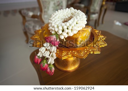 Thai garland, Thai style fresh flower garland on golden tray