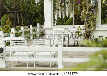 resting area, white bench on balcony rest garden area