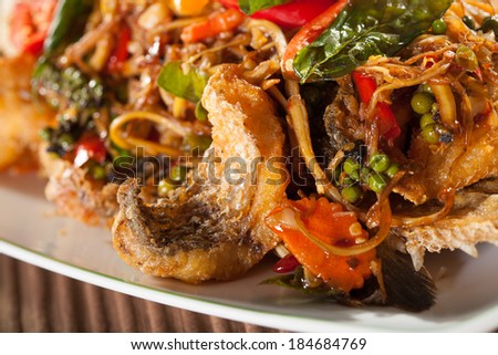 fish and herb, deep fried fish with Thai herb salad