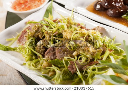 beef and morning glory, spicy mixed of raw morning glory and beef in Thai style