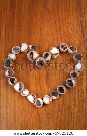 Macadamia Heart, Macadamia shell arrange in heart shape on the wood top wallpaper.