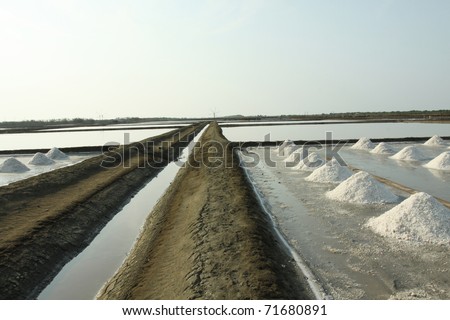 Salt evaporation pond, salt pile in Thailand, salt pan.