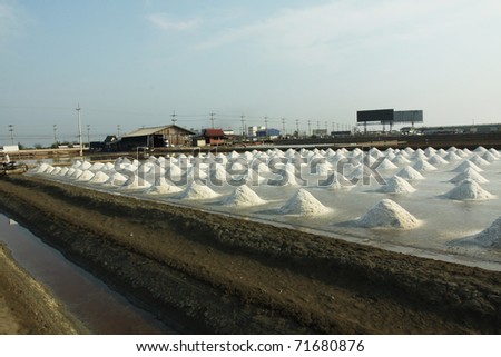 Salt pan with factory, salt pile in Thailand, salt pan.