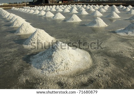 Salt evaporation pond, salt pile in Thailand, salt pan.