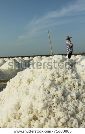 Salt texture with farmer, salt pile in Thailand, salt pan.
