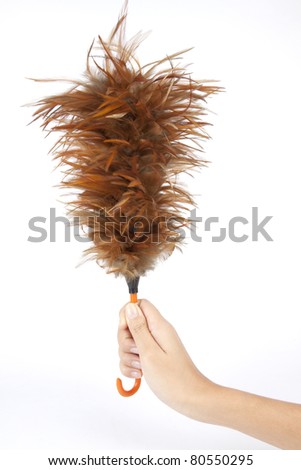 Feather brush. Female hand holding brown feather brush.