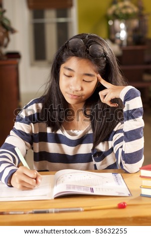 thinking kid, a girl thinking on her studying lesson.