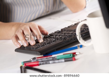 keyboard calculator, female officer using desktop keyboard calculate accounting.