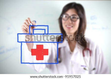 female doctor, female doctor drawing first aid bag graphic.