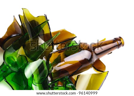 Waste glass.Recycled.Shat tered green and brown bottle Waste glass.Recycled.Shat tered green and brown bottle