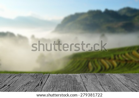 Defocused and blur image of terrace wood and Beautiful landscape and fresh strawberries farm at Chiangmai ,Thailand for background usage