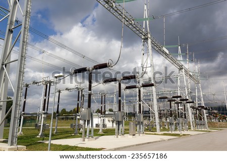 Electricity substation with electrical power equipment.