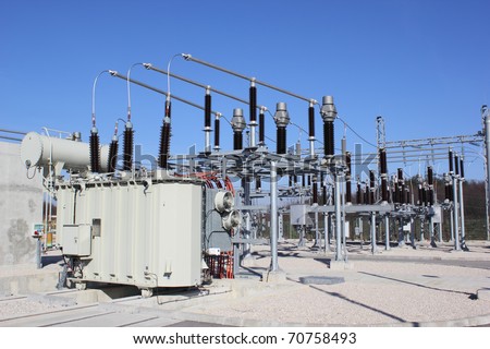 Electrical power transformer in high voltage substation.