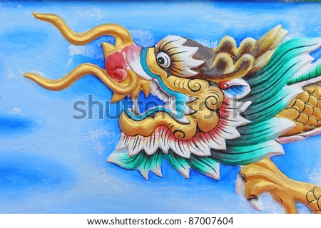 dragon head carving on wall in chinese temple