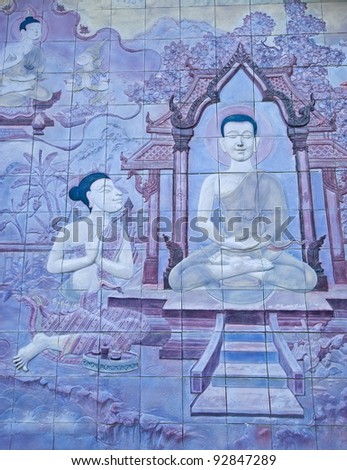 Brick wall decorate about Buddha\'s biography in temple wall at Chiang Mai, thailand