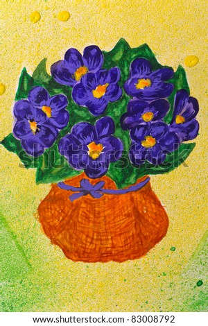 Watercolor paints. Bouquet of blue flowers in a vase