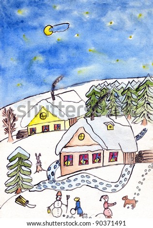 Child'S Watercolor Drawing Of New Year'S Eve. Stock Photo 90371491