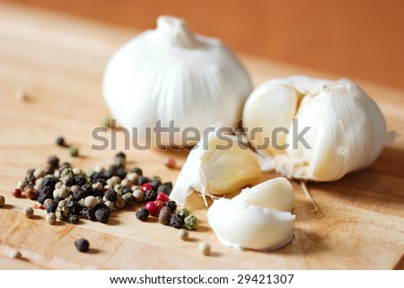Garlic and spices, different color of pepper