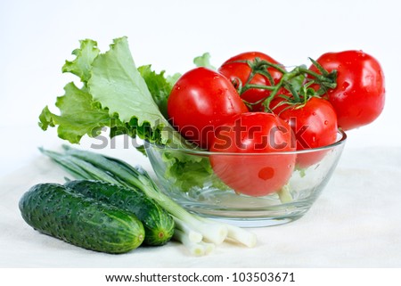 Branch of fresh tomatoes, cucumber, lettuce, green onions in a salad-bowl. Healthy vitamin food