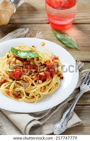 Pasta with tomato sauce on a plate. Traditional italian food