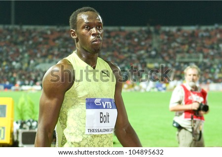 THESSALONIKI, GREECE - SEPTEMBER 12:IAAF/VTB Bank World Athletics Final  Usain Bolt  after the final Mens 100m celebrates his victory on September 12,2009 in Kaftatzoglio stadium, Thessaloniki, Greece