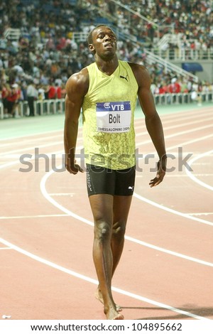 THESSALONIKI, GREECE - SEPTEMBER 12:IAAF/VTB Bank World Athletics Final Usain Bolt  after the final Mens 100m celebrates his victory on September 12, 2009 in Kaftatzoglio stadium, Thessaloniki, Greece