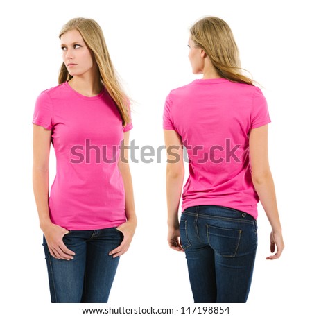 Photo of a teenage female with long blond hair posing with a blank pink shirt.  Front and back views ready for your artwork or designs.
