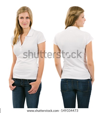 Photo of a young female in her late teens posing with a blank white polo shirt.  Front and back views ready for your artwork or designs.