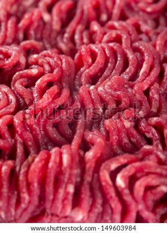 Macro photo of fresh ground beef. Focus through the middle of image.