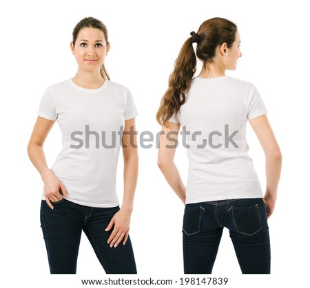 Young beautiful brunette female with blank white shirt, front and back. Ready for your design or artwork.