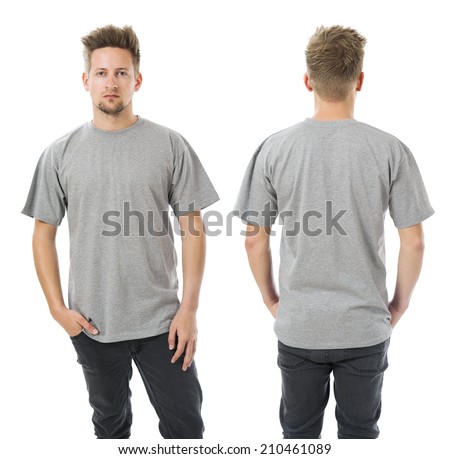Photo of a man wearing blank grey t-shirt, front and back. Ready for your design or artwork.