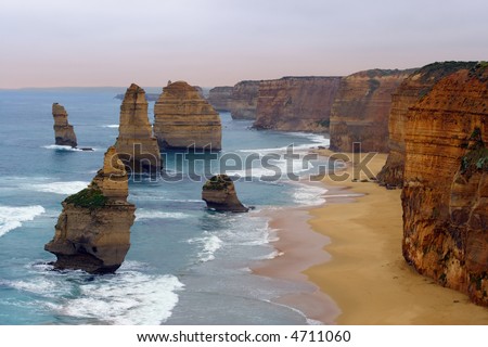 The Twelve Apostles along the Great Ocean Road, Australia.  Photo was taken in December 2004 before the \'apostle\' in the front had fallen.